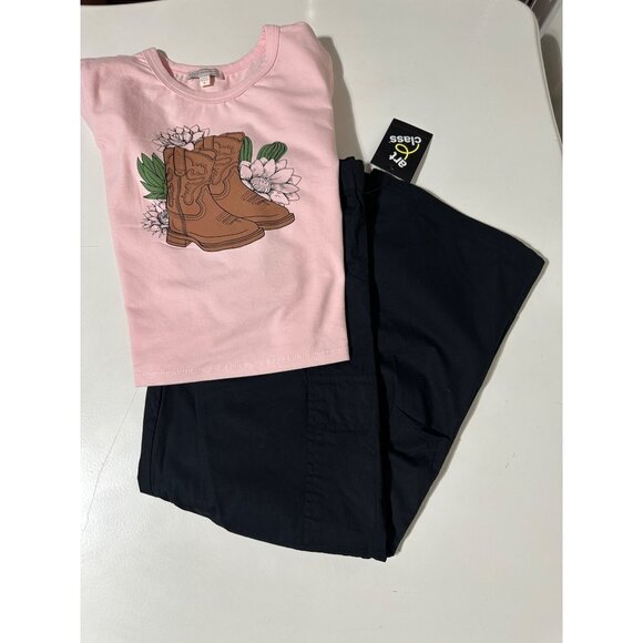 Social Academy Girl Pink Cowboy Boot Tee 8 & Art Class Wide Leg Cargo Pant 8 NWT - Picture 1 of 8